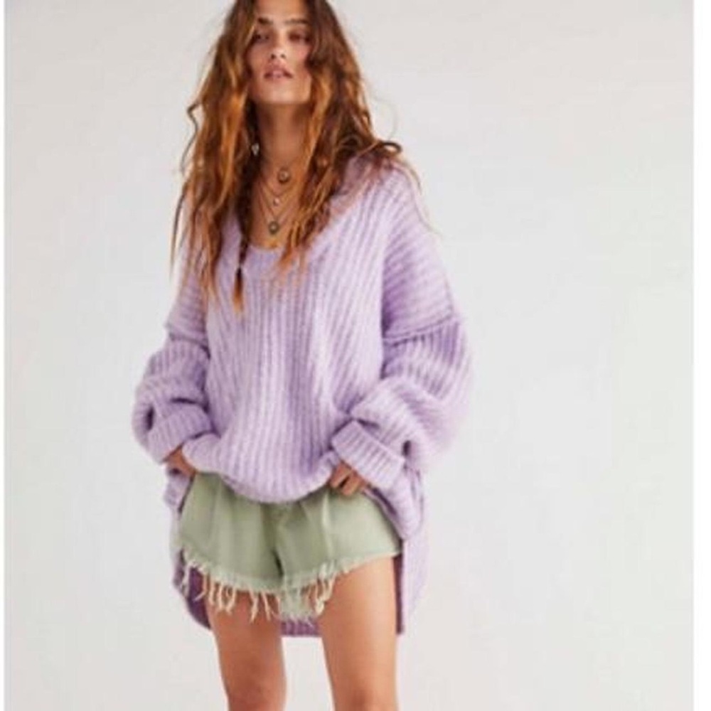 Free People Lavender Ribbed V-Neck Oversized Sweater
